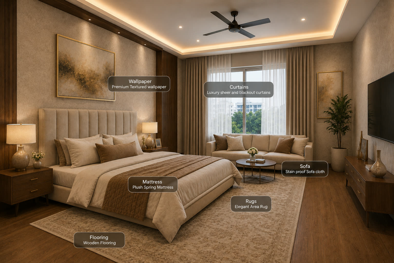 Furnished bedroom with premium curtains, wallpaper, mattress, rug and wooden flooring by Vardhman Handloom